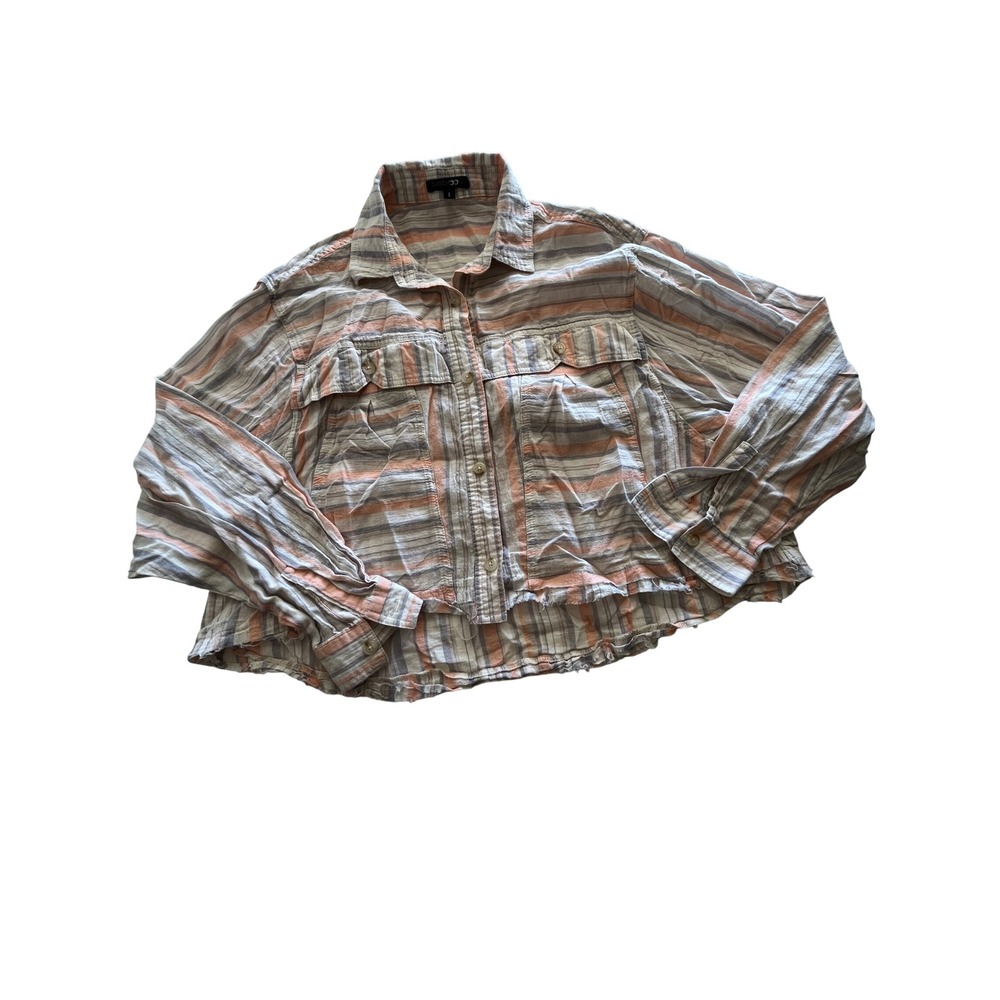 Papermoon Striped Cropped Button Down Shirt Cotton Frayed Hem Orange PT12540